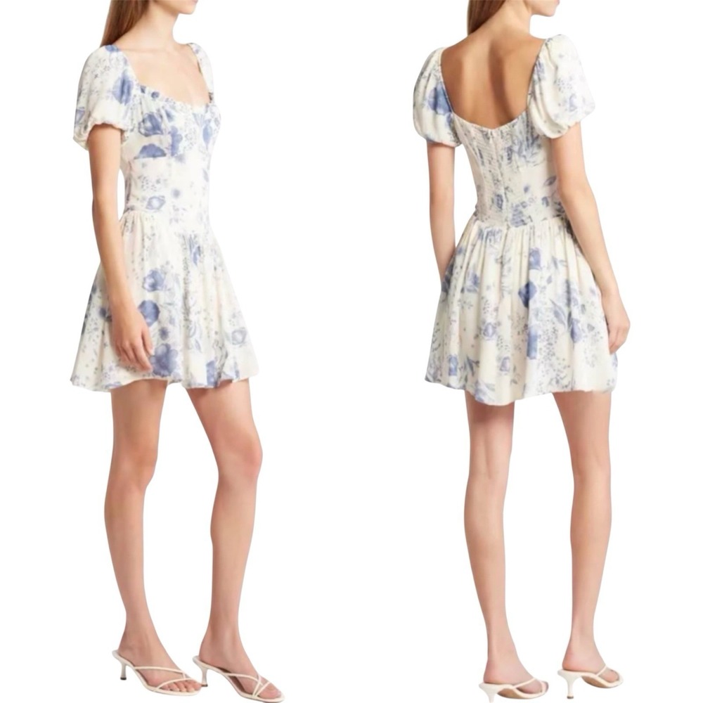 Reformation Davonne Floral Viscose Puff Shoulder Mini Dress Cream/Blue Size 10